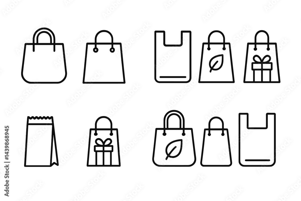 Poster Collection of line style web icons featuring various shopping bags and packaging designs for digital use