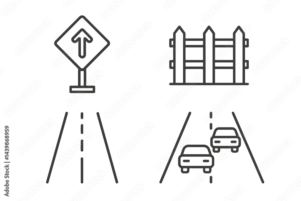Poster Set of web icons depicting road signs and barriers designed in a simple line style for digital applications
