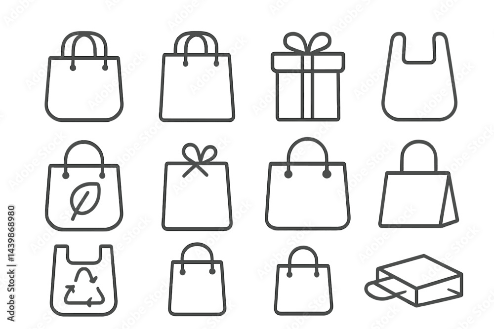 Aufkleber collection of web icons depicting various bag and gift designs in line art style for e-commerce appl