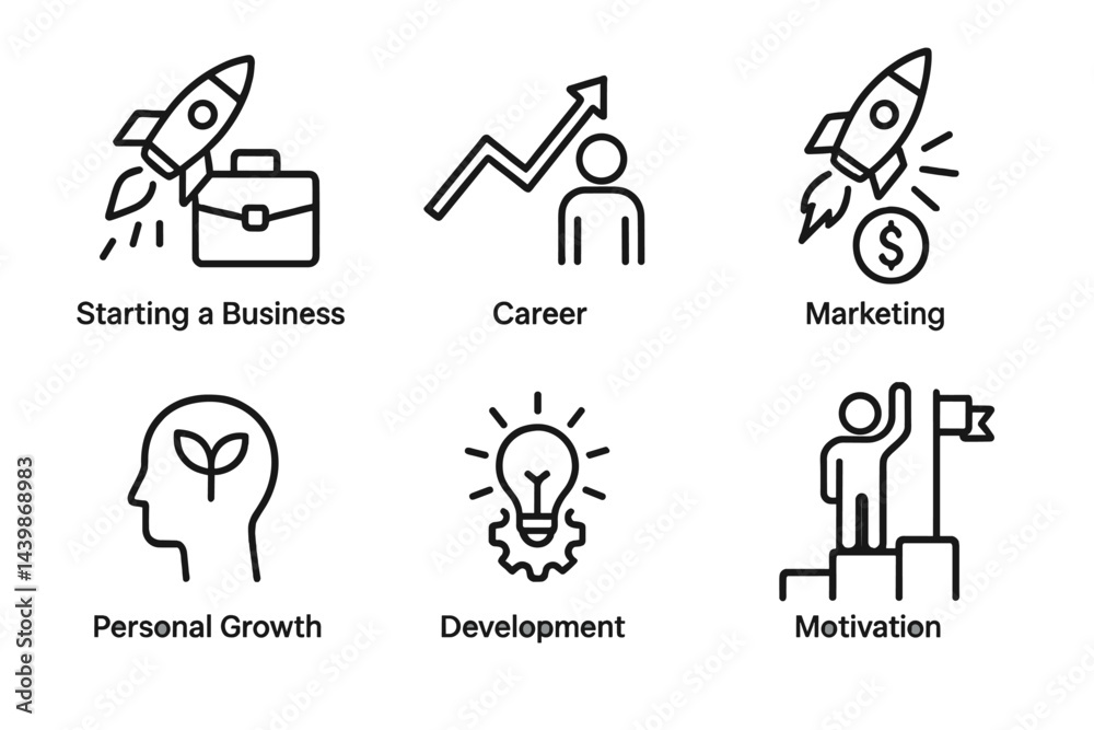 Poster Set of web icons depicting concepts of business, career, and personal development in line art style for digital use
