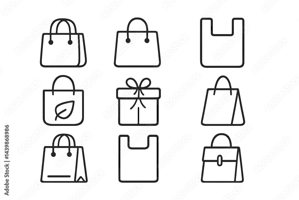 Poster set of nine web icons featuring shopping bags and gift boxes in a clean line style