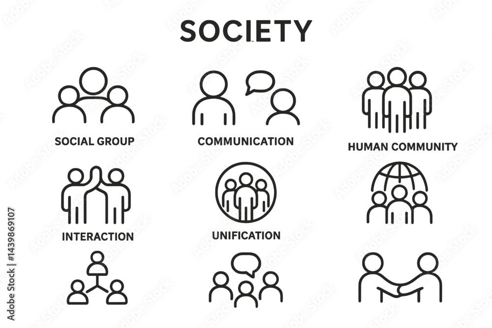 Poster Web icons representing social interaction and community concepts in line style art format