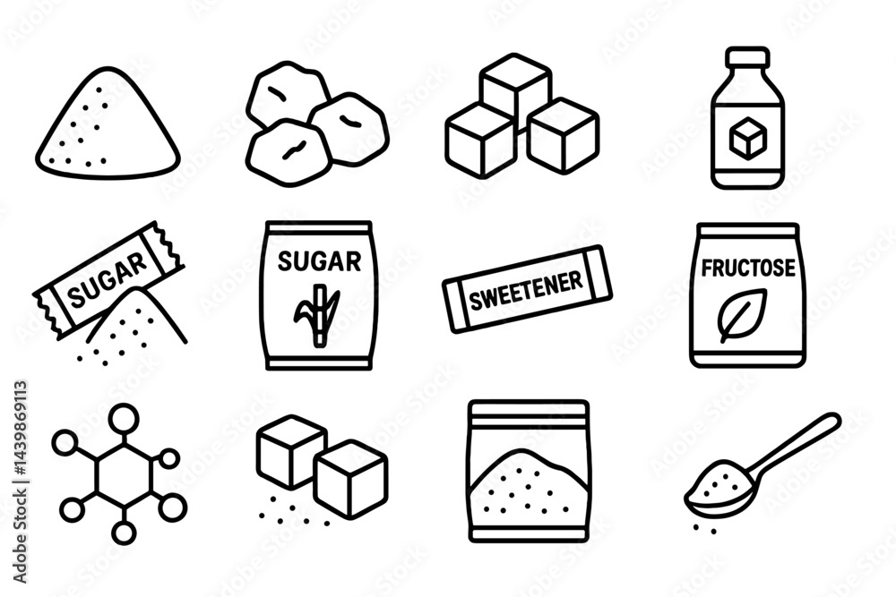 Poster Set of web icons illustrating various sugar types and sweeteners in line style design for digital use
