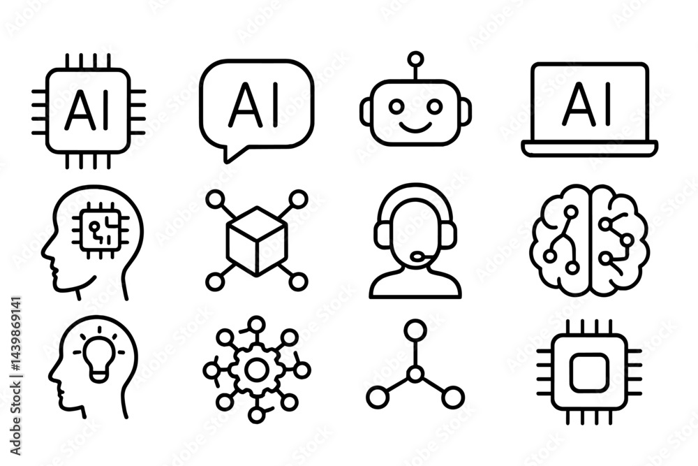 Poster Set of web icons illustrating artificial intelligence concepts in a clean line style design for digital applications