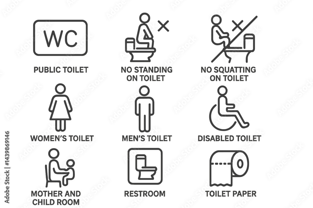 Fototapete Web icons illustrating various toilet usage guidelines for public spaces including accessible facilities and rules