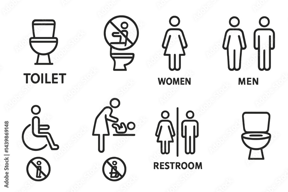 Poster Collection of web icons representing restroom facilities and related symbols in a line design format