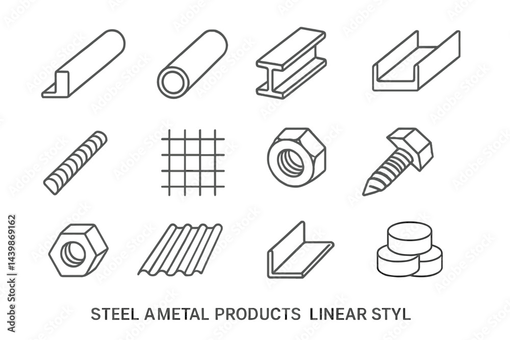Aufkleber collection of web icons featuring line style representations of various steel and metal products sui