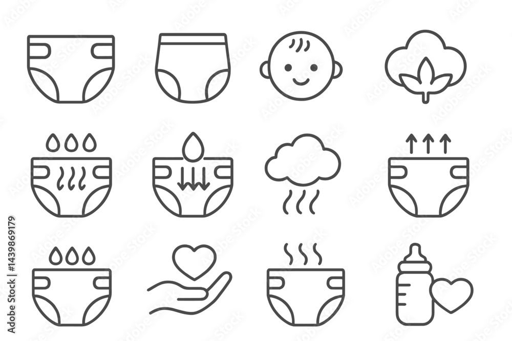 Poster set of web icons created in line style representing baby care essentials and comfort indicators
