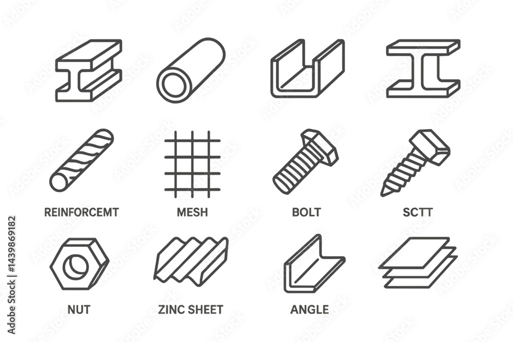 Poster Web icons set featuring various construction and hardware elements designed in a clean line style for easy recognition and use