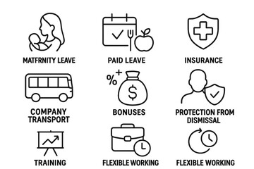 Set of web icons illustrating essential employee benefits and services in line style for modern workplaces
