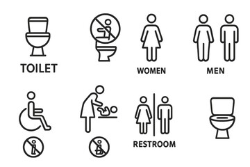 Collection of web icons representing restroom facilities and related symbols in a line design format