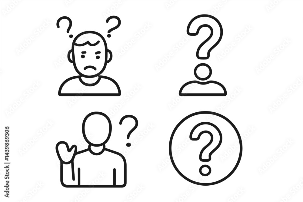 Poster variety of web icons depicting confusion, inquiry, and communication in modern line style design