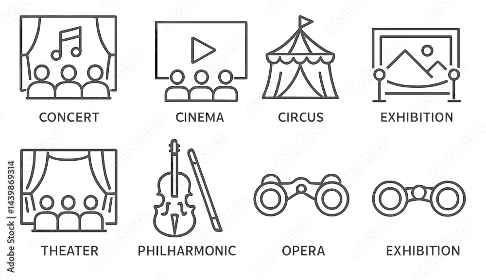 Aufkleber Set of web icons in line style representing various entertainment activities and events including concert, cinema, and exhibition