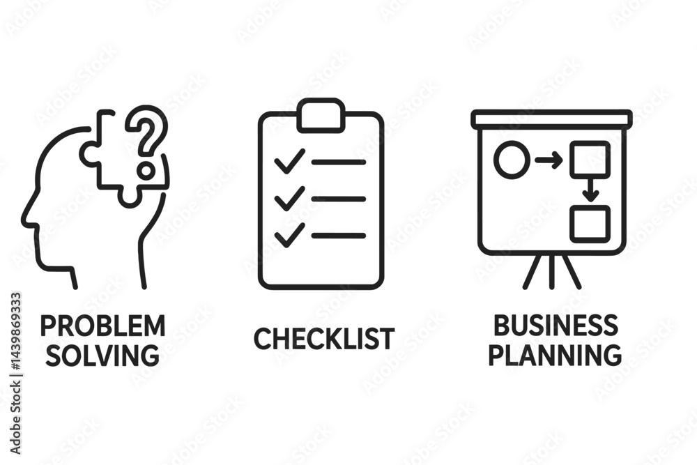 Poster Set of web icons illustrating problem solving, checklist creation, and business planning for digital applications