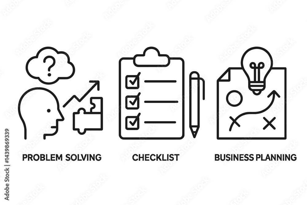 Poster Set of web icons depicting problem solving, checklist, and business planning in a modern line style format for digital applications