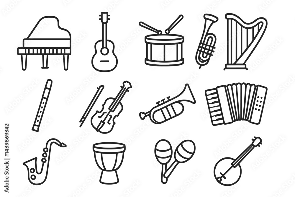 Leinwandbilder Set of line style web icons featuring various musical instruments for creative projects and digital applications