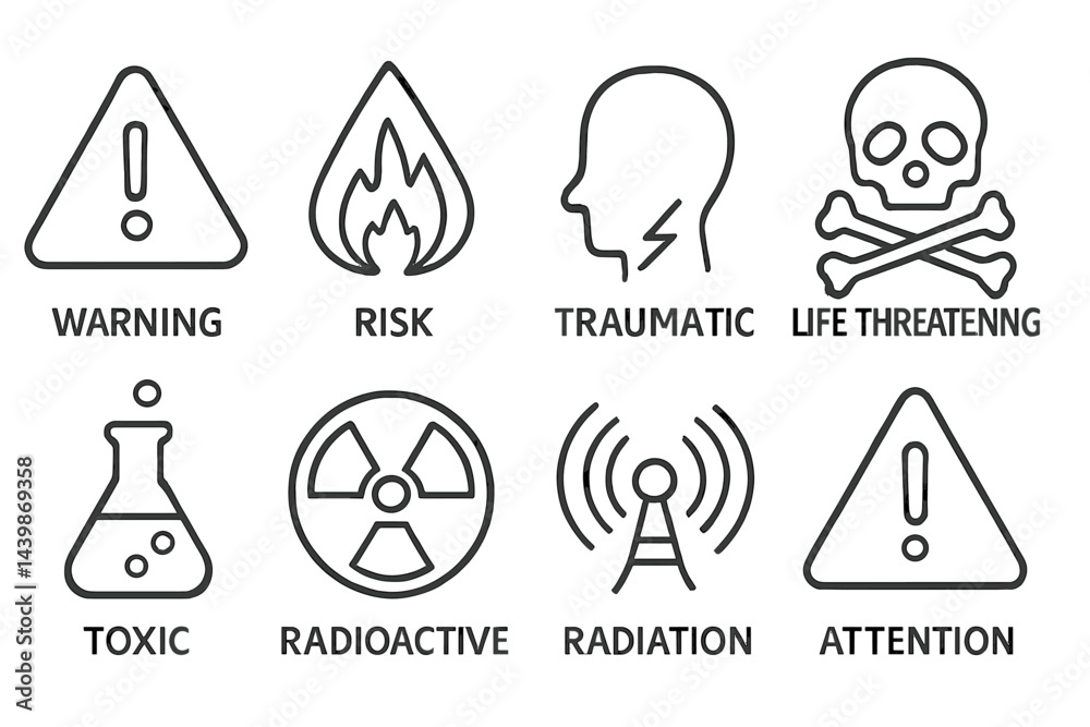Poster web icons illustrating safety warnings and health risks in a clear line style for effective communic