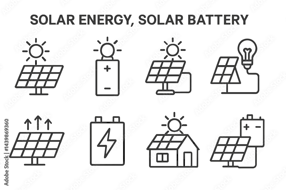 Aufkleber Set of web icons depicting solar energy and solar battery concepts in clean line style for digital use