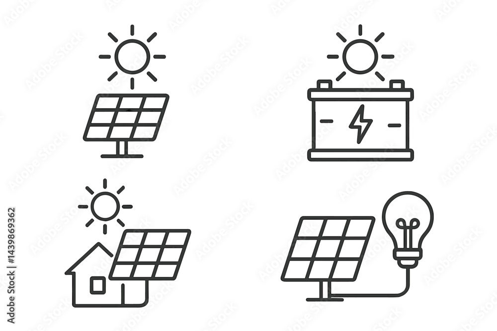 Aufkleber set of web icons representing solar energy components in line style focusing on sustainability and r