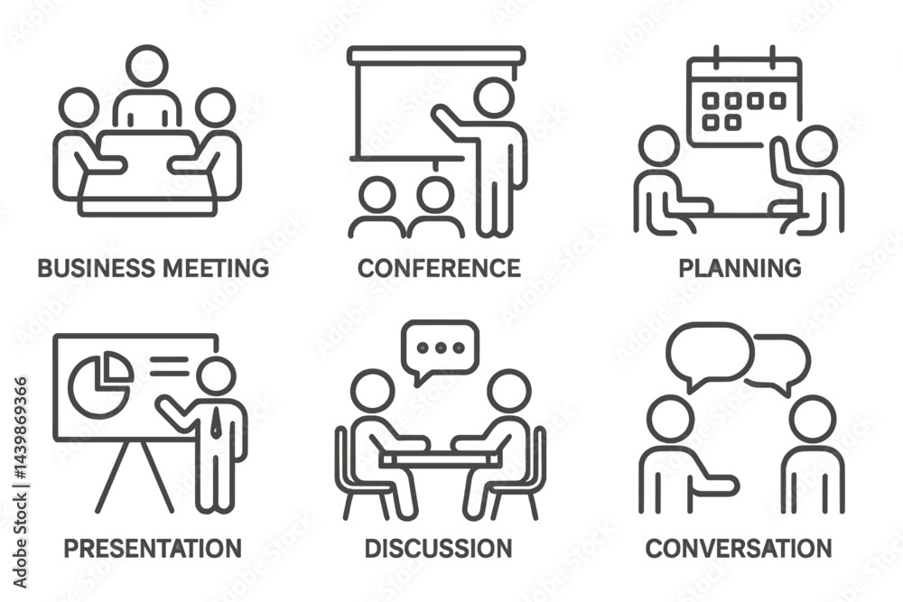 Poster Set of web icons depicting business activities and meetings in line style for digital communication and planning purposes
