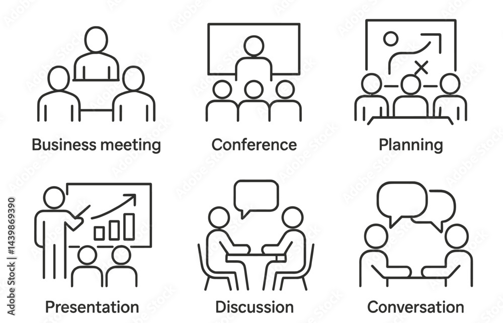 Poster collection of line style web icons representing business meetings, conferences, and planning activit