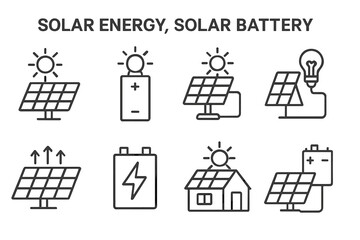 Plakat Set of web icons depicting solar energy and solar battery concepts in clean line style for digital use
