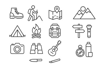 Collection of web icons depicting outdoor activities, hiking gear, and adventure essentials for travel enthusiasts