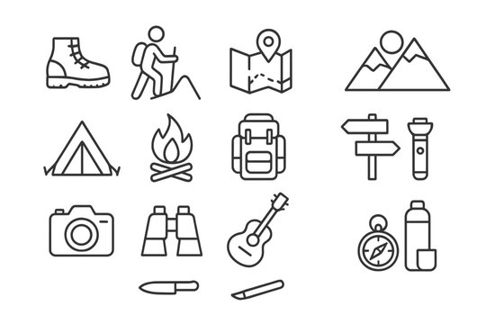 Collection of web icons depicting outdoor activities, hiking gear, and adventure essentials for travel enthusiasts