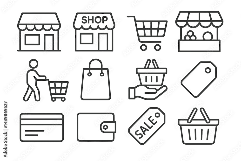 Poster Collection of web icons depicting shopping and retail activities in a line style design suitable for digital projects