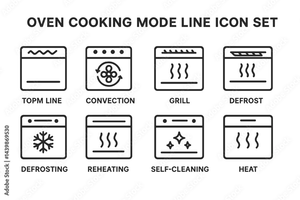 Poster Web icons depicting various oven cooking modes in line style for easy identification and usability
