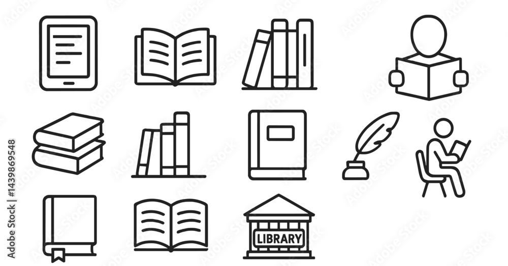 Poster Collection of line style web icons representing reading, books, and library activities for digital design projects