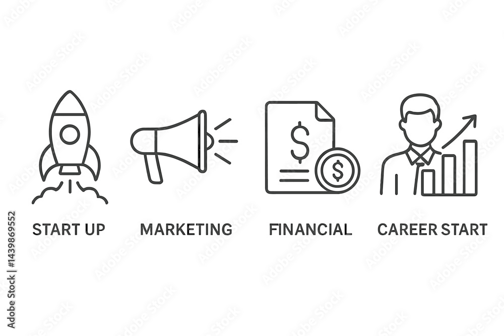 Poster Set of web icons in line style representing startup, marketing, finance, and career development concepts for digital platforms and websites