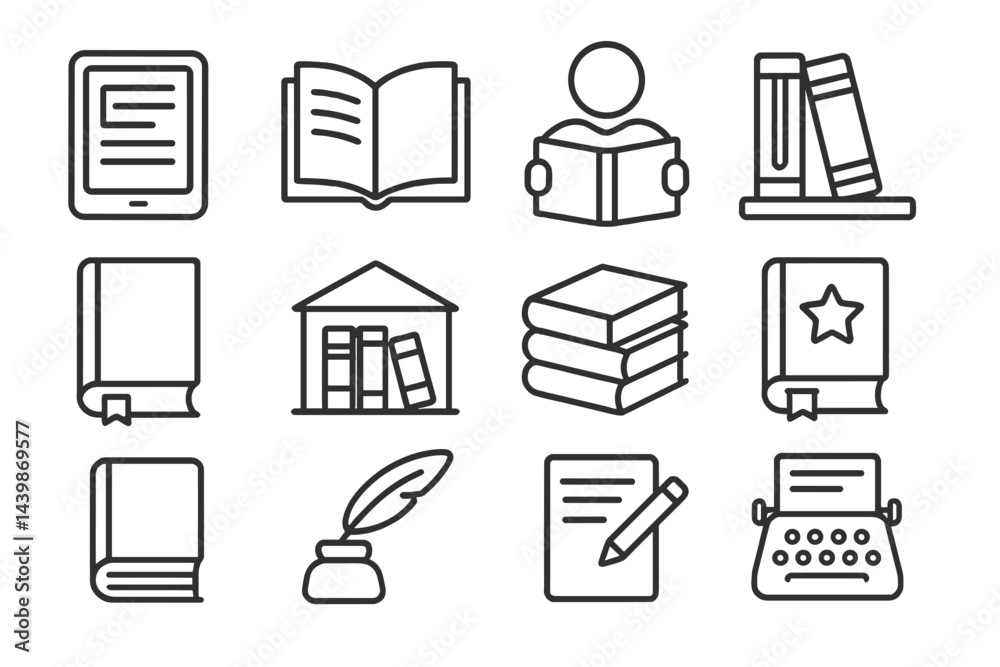 Aufkleber Collection of web icons depicting various reading and writing tools in line style for educational purposes