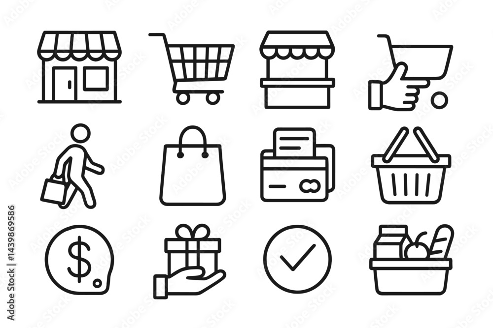 Poster Collection of web icons depicting various shopping and retail activities in a minimalistic line art style