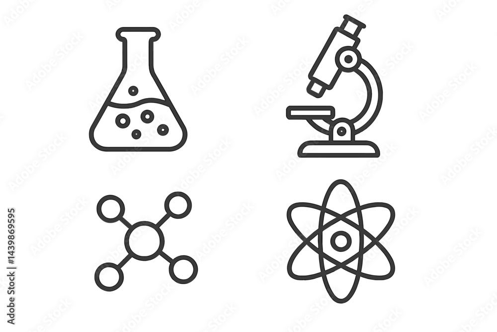 Poster Collection of line style web icons depicting scientific tools and concepts in a modern design for educational use
