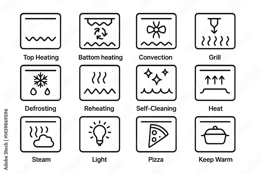 Fototapete Set of web icons featuring line style representations for various cooking functions and settings in kitchen appliances