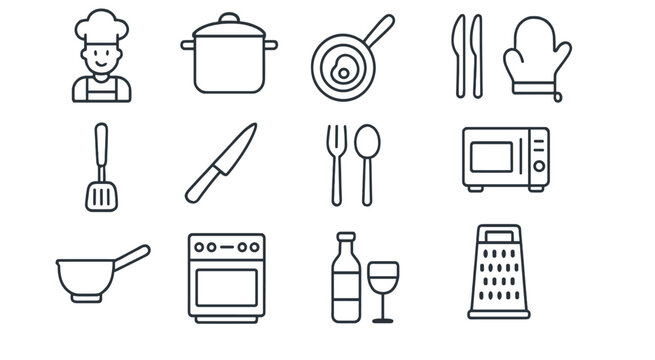 Set of web icons depicting kitchen utensils, chef, cookware, and dining items in clean line style suitable for culinary themes