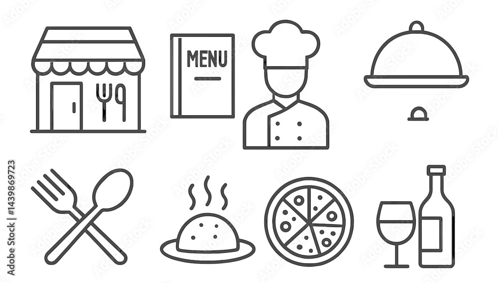 Poster Set of web icons depicting dining elements in line style suited for food-related applications or websites