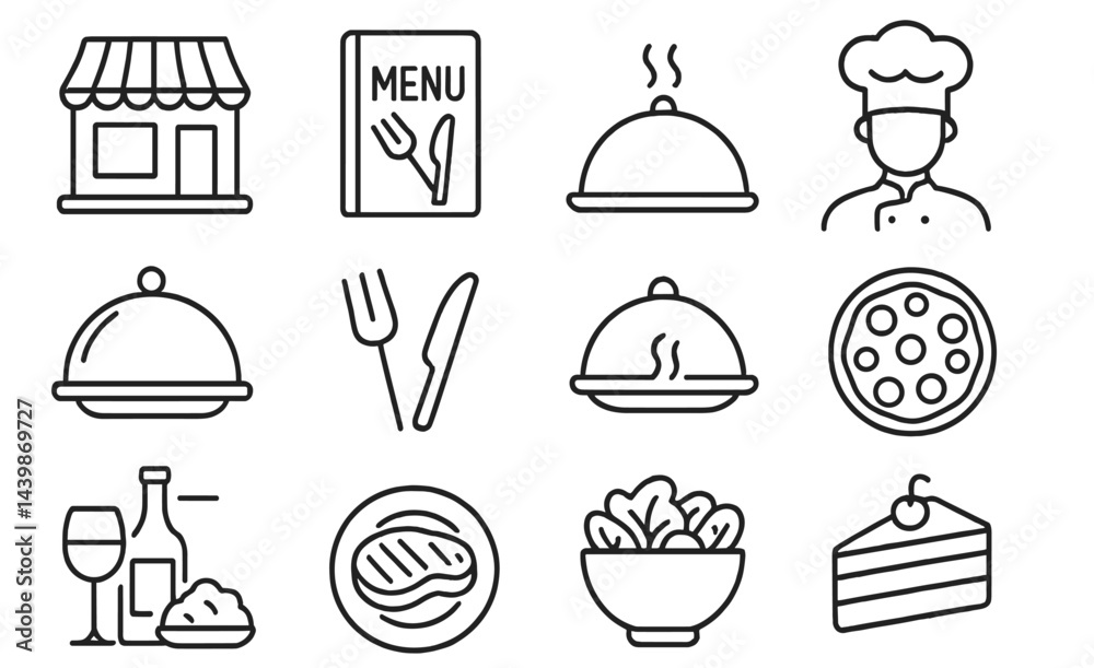 Aufkleber collection of web icons representing dining elements in line art style for restaurant and food servi