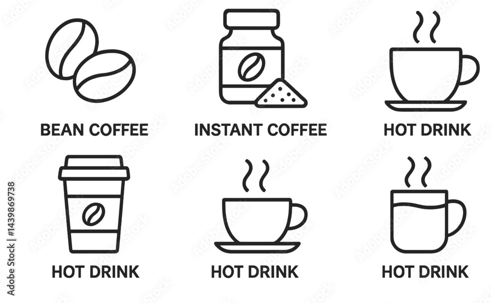 Poster Line style web icons showcasing various types of coffee and hot drinks collection for digital use