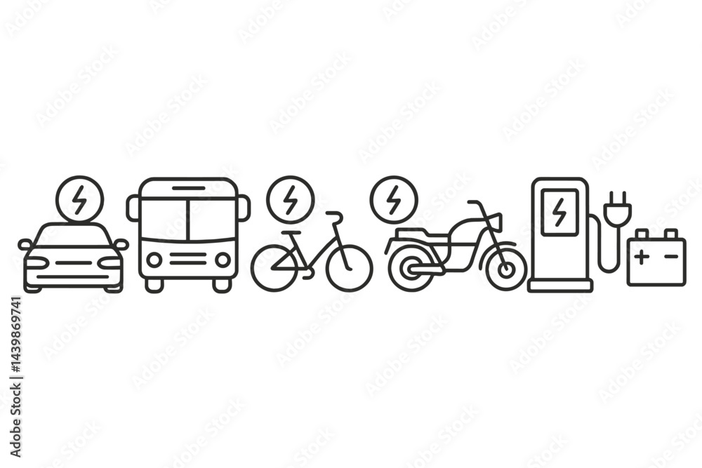 Aufkleber Collection of line style web icons representing various electric vehicles and charging options in a modern design