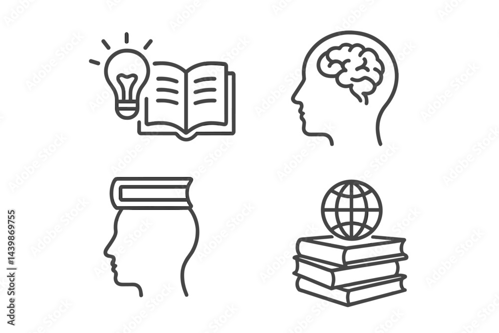 Poster Collection of web icons showcasing knowledge, learning, and creativity in a minimalistic line style format
