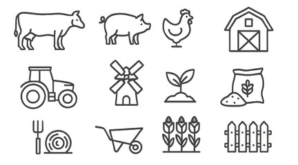 Collection of line style web icons representing farm life, agriculture, livestock, and farming tools