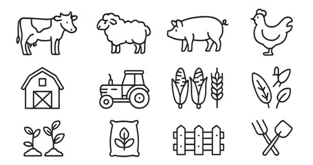 Fototapeta premium Collection of agricultural web icons featuring farm animals and farming tools in minimal line style representation