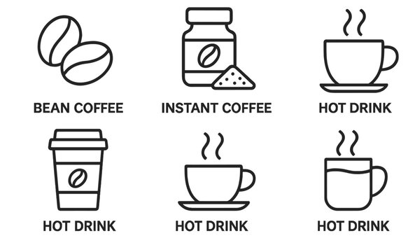 Line style web icons showcasing various types of coffee and hot drinks collection for digital use