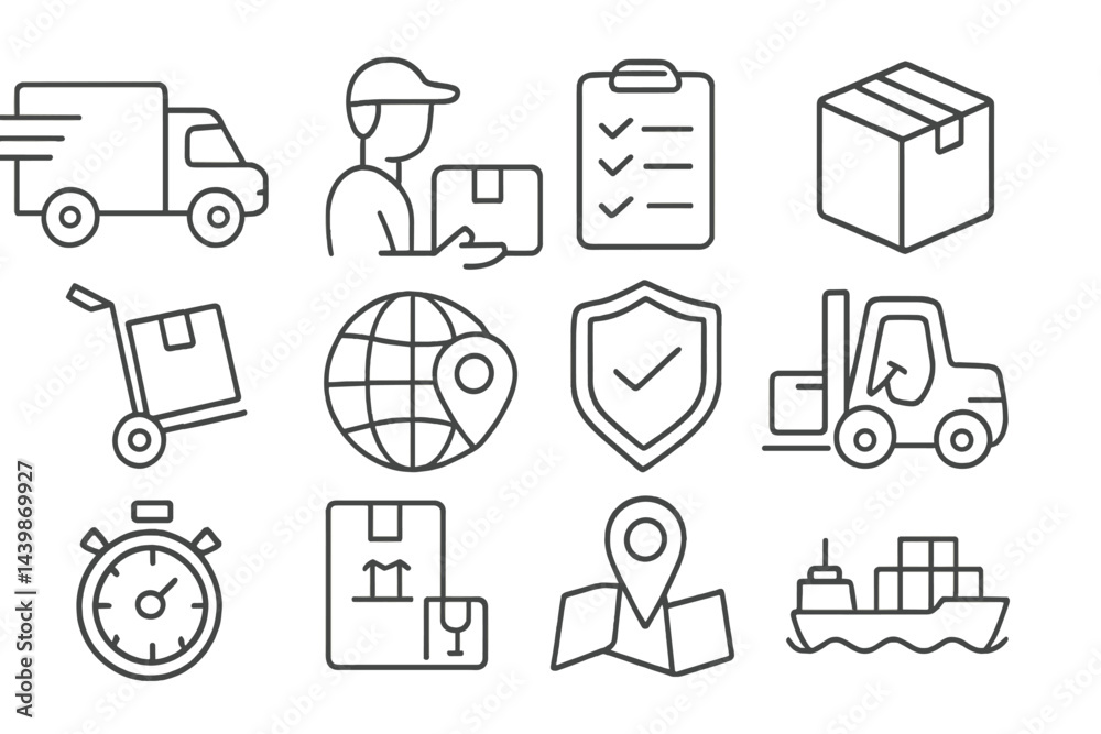 Poster collection of line style web icons representing logistics, shipping, and delivery services in modern