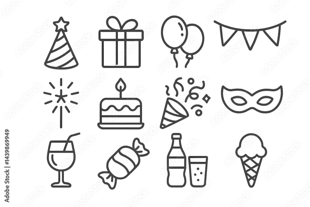Aufkleber collection of web icons featuring festive symbols in line style suitable for party themes and celebr