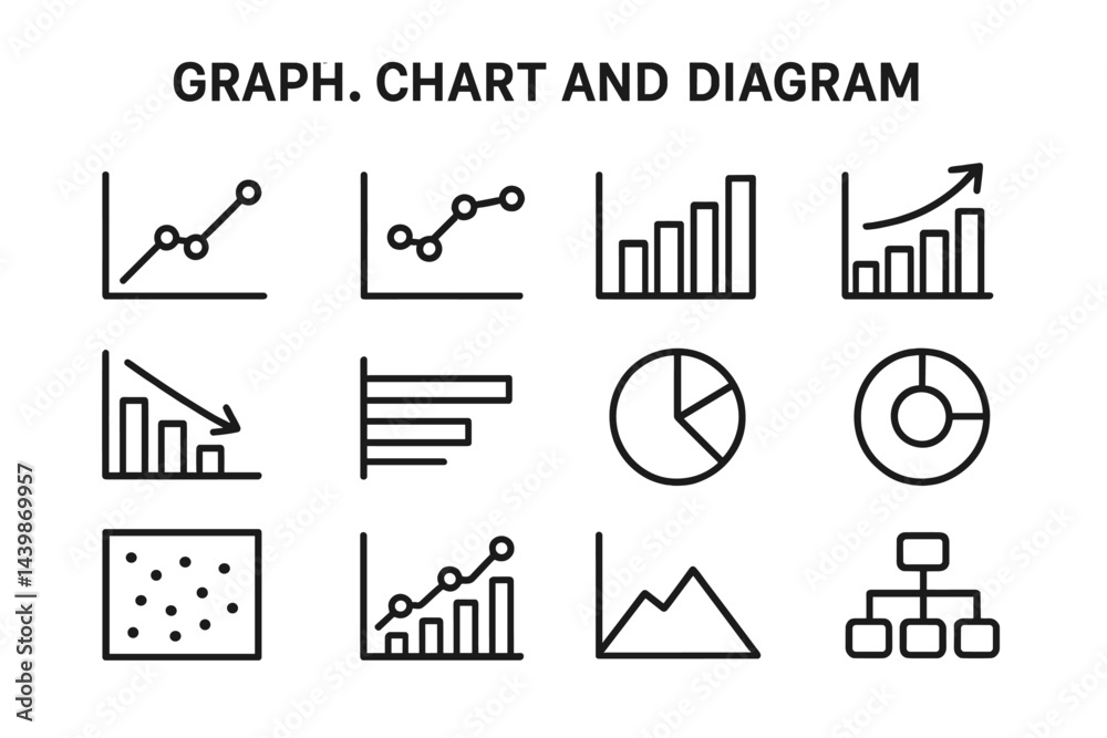 Poster Web icons collection featuring line style graphs, charts, and diagrams for data visualization