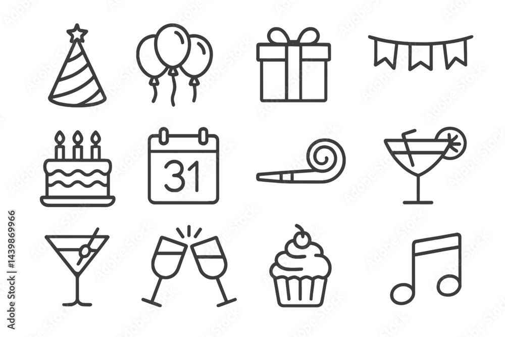 Poster Collection of web icons featuring celebration elements in line style for festive occasions and events