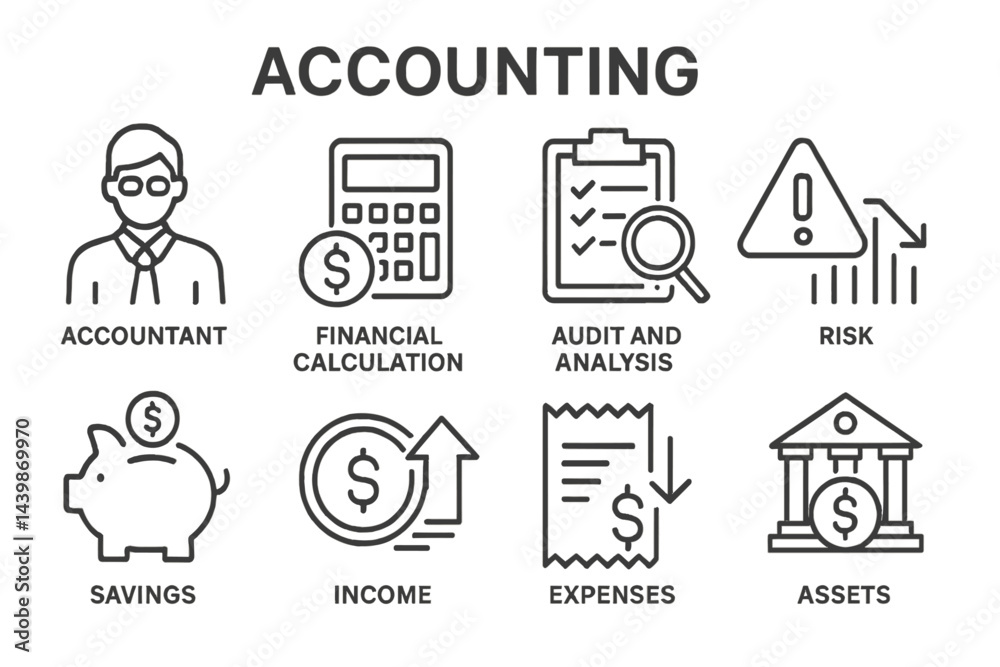 Poster Set of line style web icons showcasing various accounting concepts for financial services and analysis
